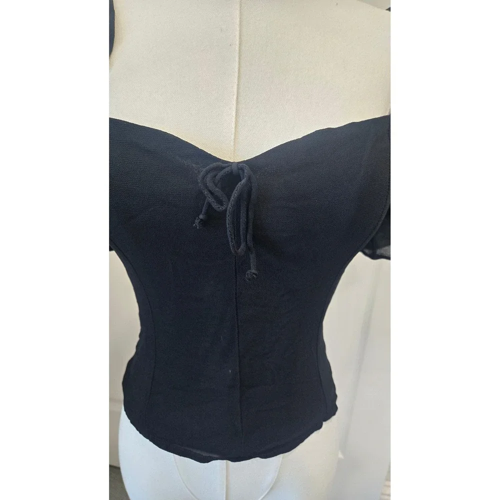 Reformation Black Corset Top Sheer Puff Sleeve Smocked Back Sweetheart Neck 4
